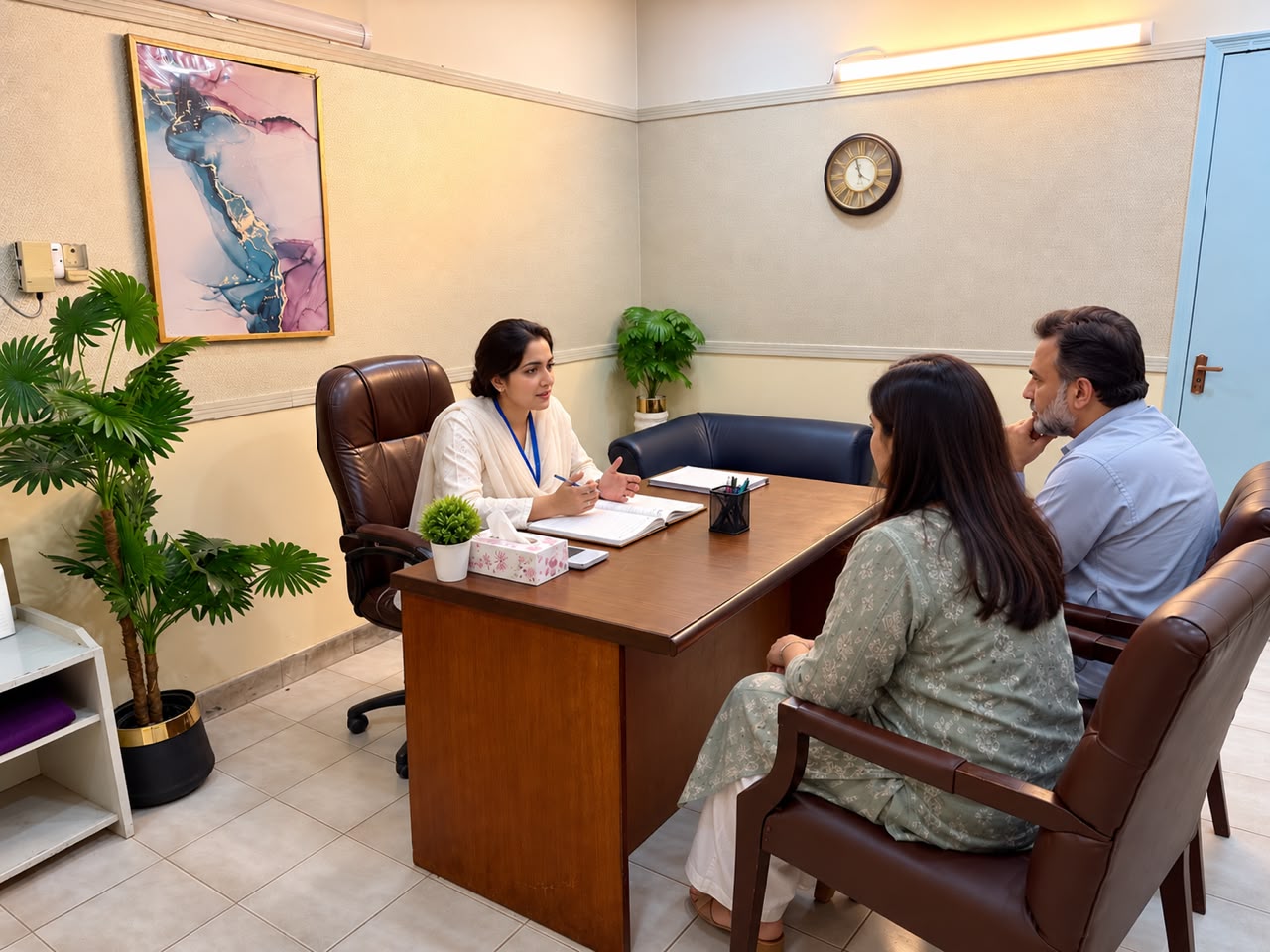 Psychiatric consultation with a patient and family at The Parklane Clinic in Lahore