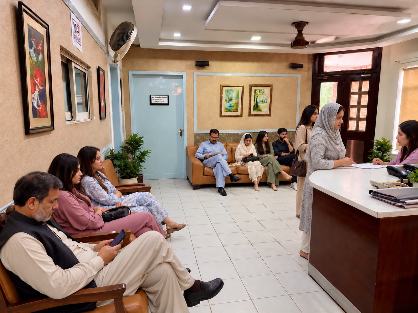 Patients checking in at The Parklane Clinic outpatient department and OPD waiting area in Gulberg, Lahore